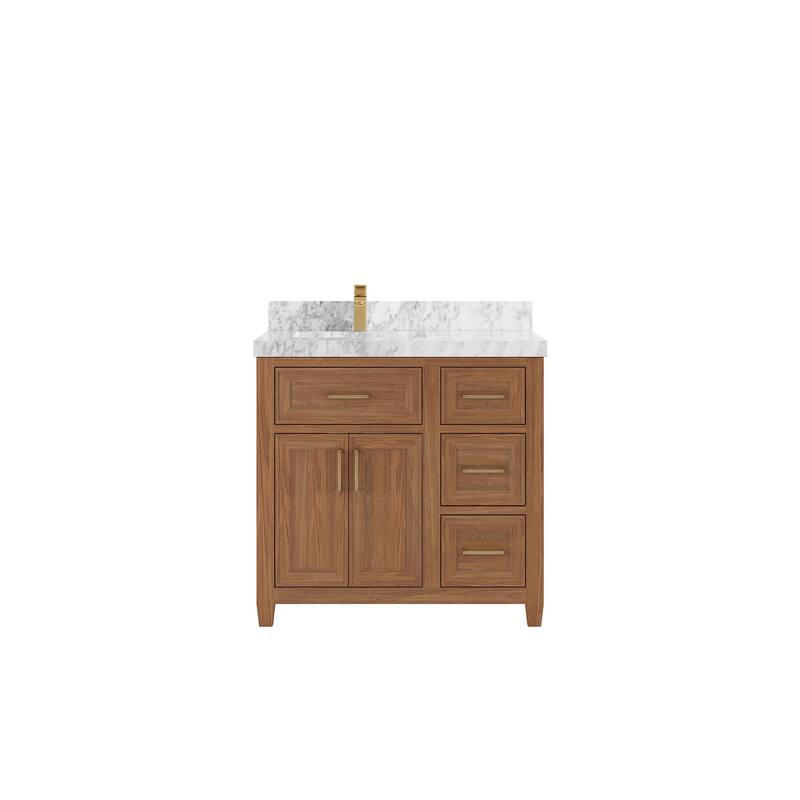 Willow Collections 36 in. W x 22 in. D Santa Monica Teak Left Offset Sink Bathroom Vanity with Countertop - 2”Carrara Marble - Dark Natural Teak