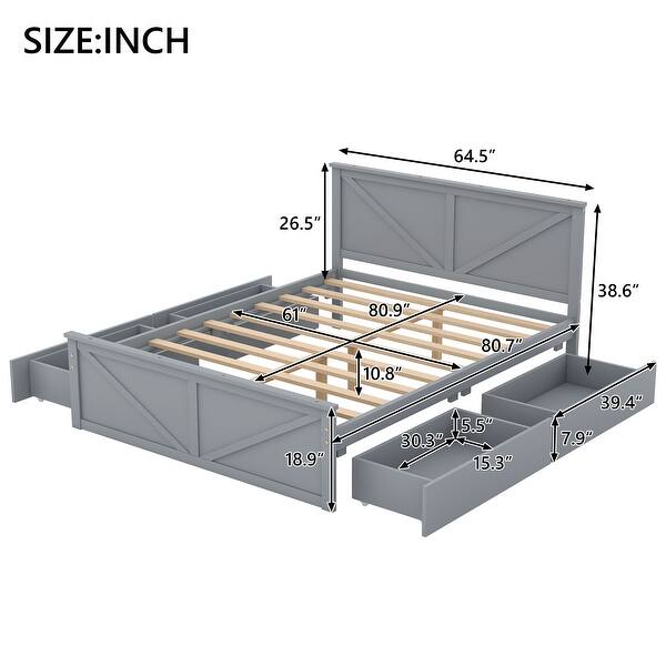 dimension image slide 1 of 2, Queen Platform Bed with 4 Drawers, Headboard & Support Legs, Grey