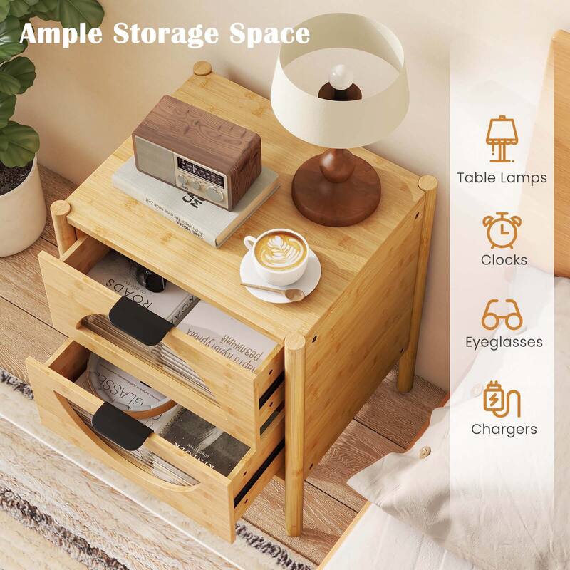 Costway 1/2 PCS Bamboo Nightstand with 2 Storage Drawers & Reeded
