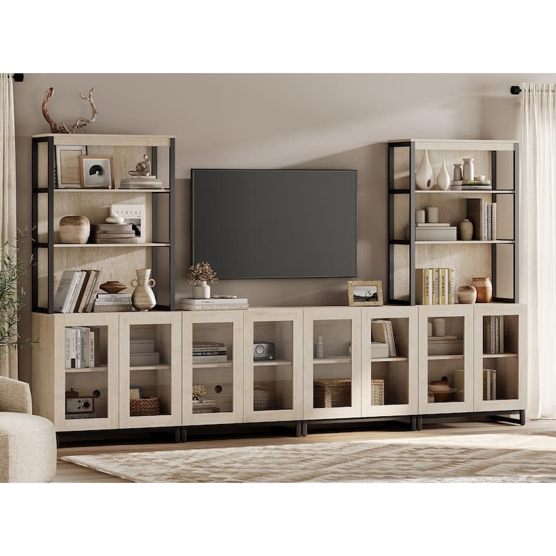 Modern TV Stand with 3 Tiers Bookshelf,Wooden Media TV Console with Glass Doors for Living Room