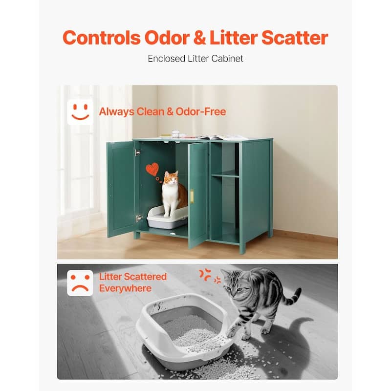 Dark Green P2 Particle Board Cat Litter Cabinet with Drawer and Power - 41.34 × 26.77 × 34.84 inch