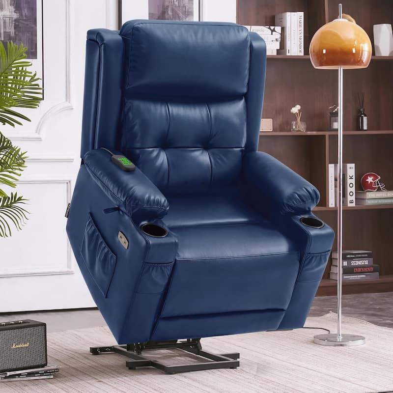 MCombo Large Dual Motor Power Lift Recliner Chair with Massage and Heat for Elderly People, Faux Leather - Blue