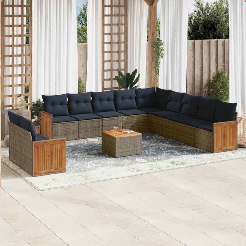 vidaXL 11/12 Piece Patio Sofa Set with Cushions Black/Gray Poly Rattan - 21.7 x 24.4 x 27.2 - Gray With table