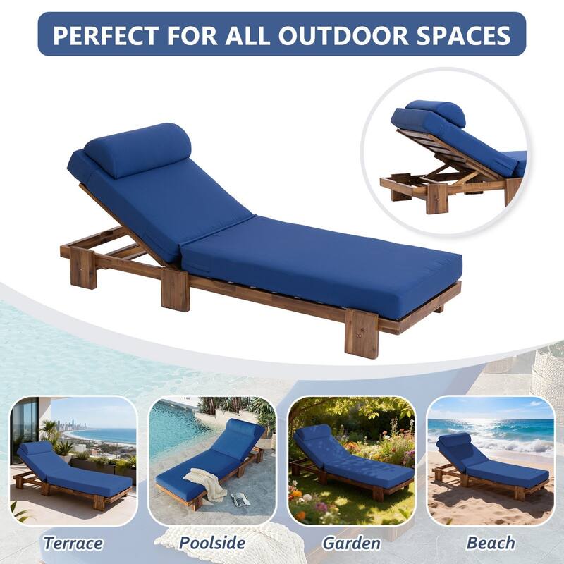 78.8'' Acacia Wood Outdoor Chaise Lounge Adjustable Recliner with Headrest & Retractable Side Tray - N/A