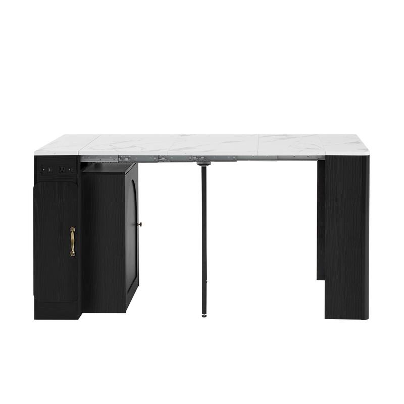 Extendable Dining Table with 3 Removable Middle Leaves,Mobile Rolling Table with Power Outlet,Saving-space Cabinet with Storage