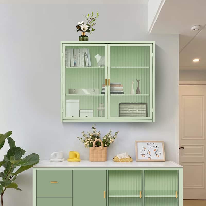 Modern White Sideboard with Fluted Tempered Glass Doors, 3-Tier Storage Cabinet for Living Room or Bedroom - 9.06X27.56 in - Mint Green + Metal