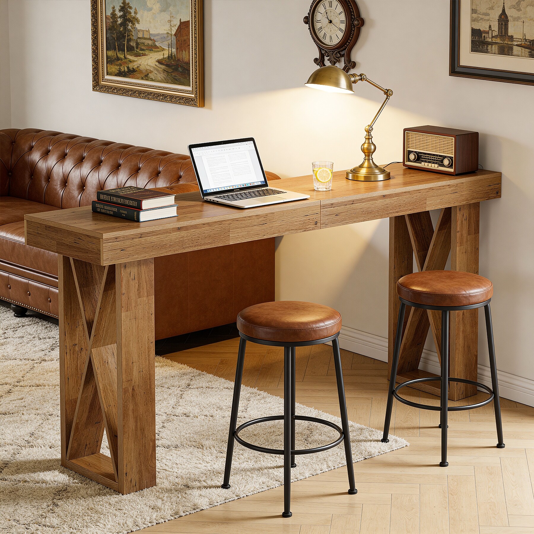 63-inch Long Wooden Bar Table, Counter Height Pub Table with X