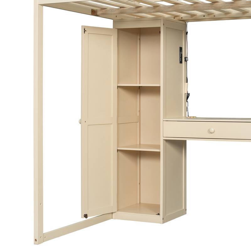 Full Size Loft Bed with Storage Staircase, Built-In Dressing Table, USB Ports & Lights by Harper&Bright Designs