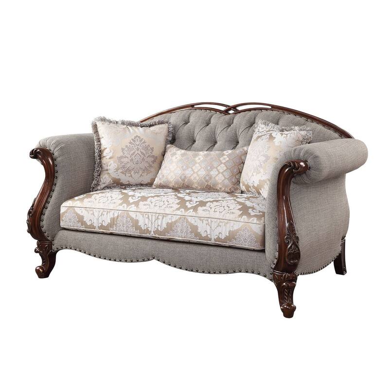 HomeRoots 72" Beige And Dark Brown Linen Loveseat and Toss Pillows