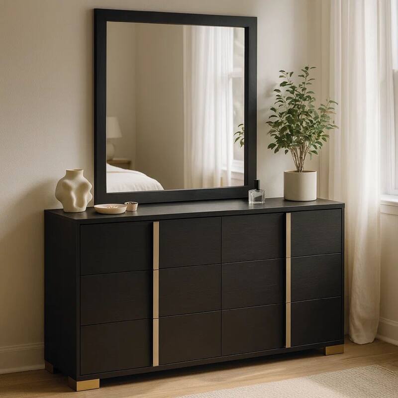 Dex Wide 6 Drawer Dresser with Mirror, Contemporary Gold Metal, Black