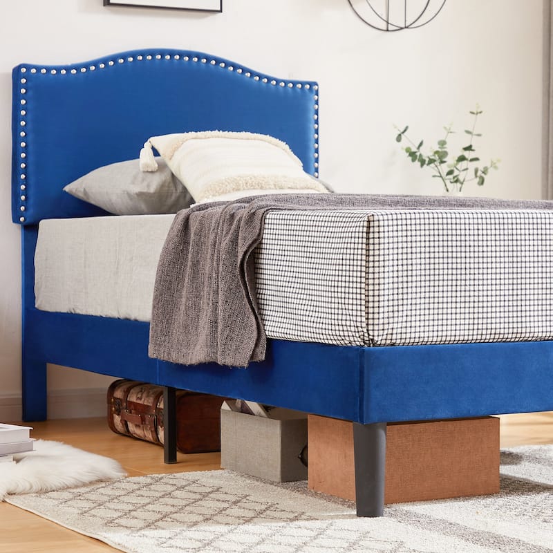 VECELO, Upholstered Platform Bed Frame with Nailhead Headboard Twin Full Queen Size Bed-Blue