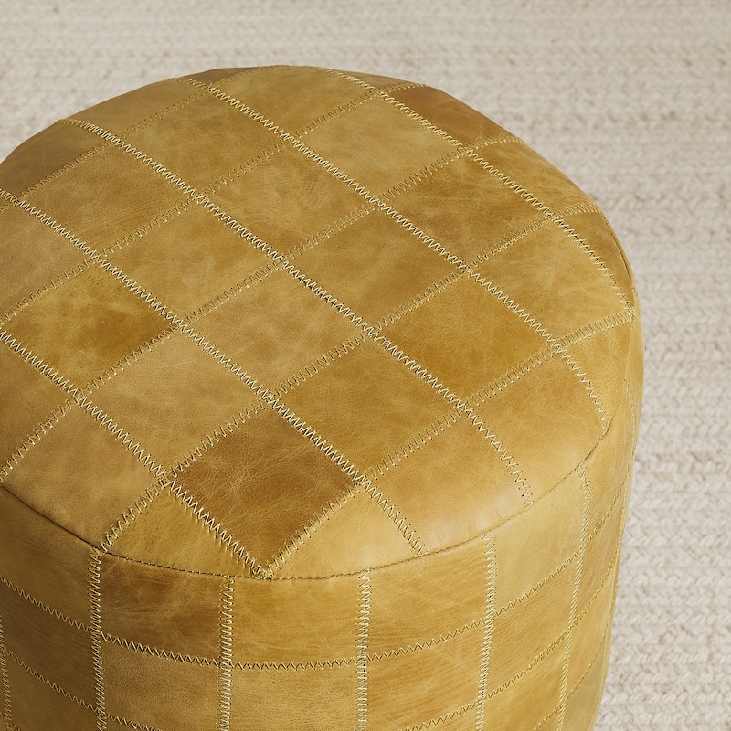 Art Leon Vintage Genuine Leather Ottoman Footstool with Checkered Stitching