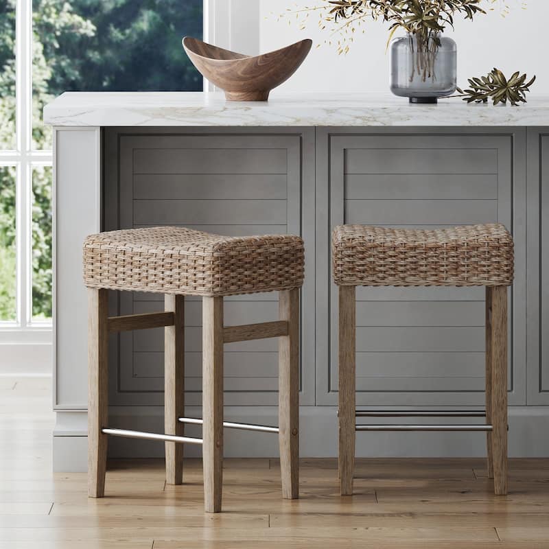 Harvey Rattan Bar Stool, Bohemian Counter Height Stool with Woven Seagrass Seat, Solid Wood Legs, and Metal Footrest