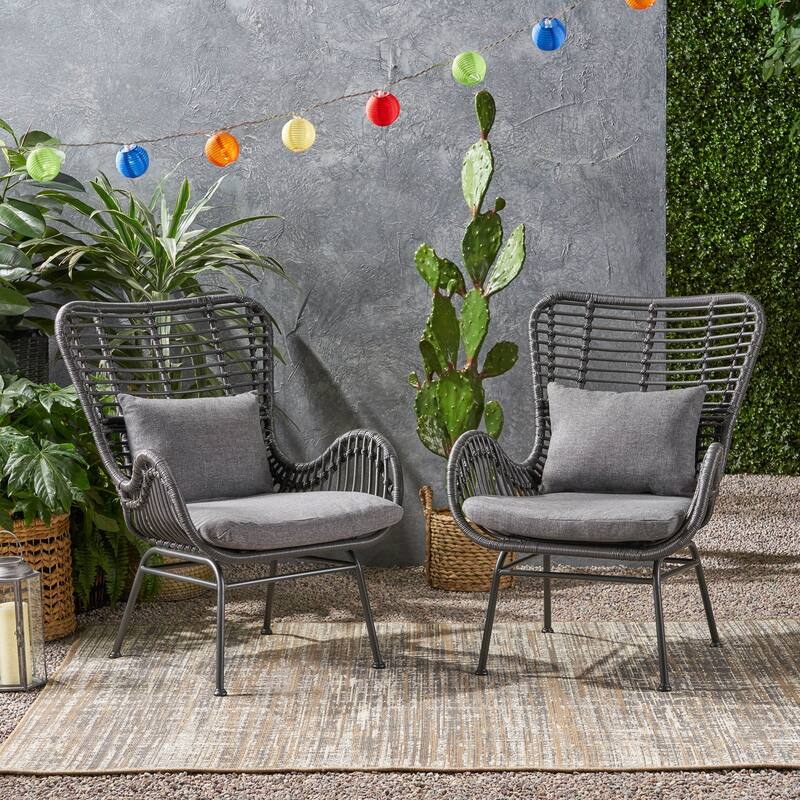 Roomfitters Tall Back Rattan Lounge Chairs with Cushions and Flared Arm Design, Set of 2 for Patio or Balcony