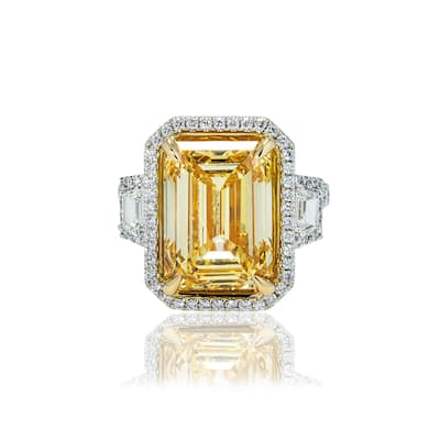House Of Leon 18K White Gold 10.51ct Emerald Fancy Vivid Yellow Diamond Ring 11.93ctw IGI