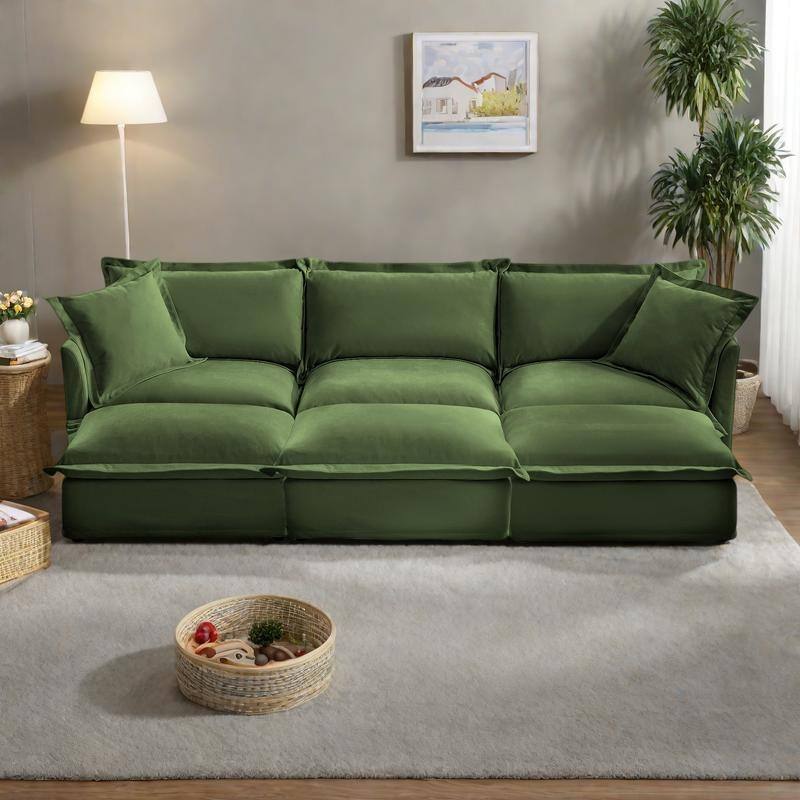 120" Chenille 3-Seater Sofa Set with 3 Ottomans, Sleeper Function & Removable Slipcovers - Green
