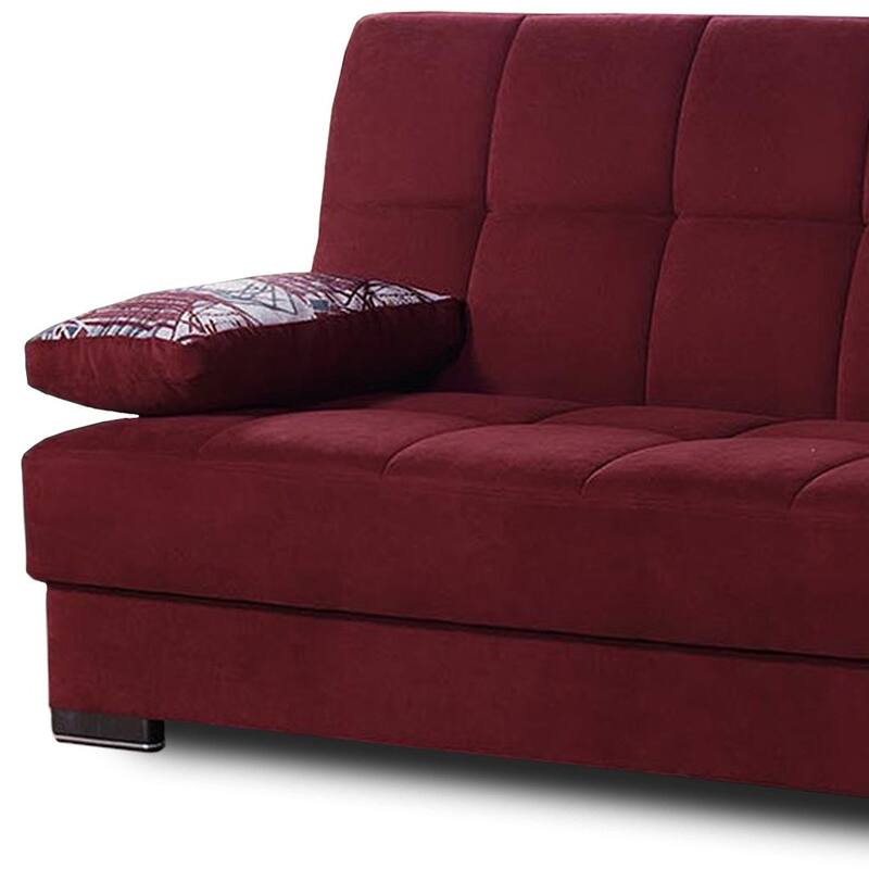 HomeRoots 75" Burgundy Chenille Convertible Futon Sleeper Sofa And Toss Pillows With Storage