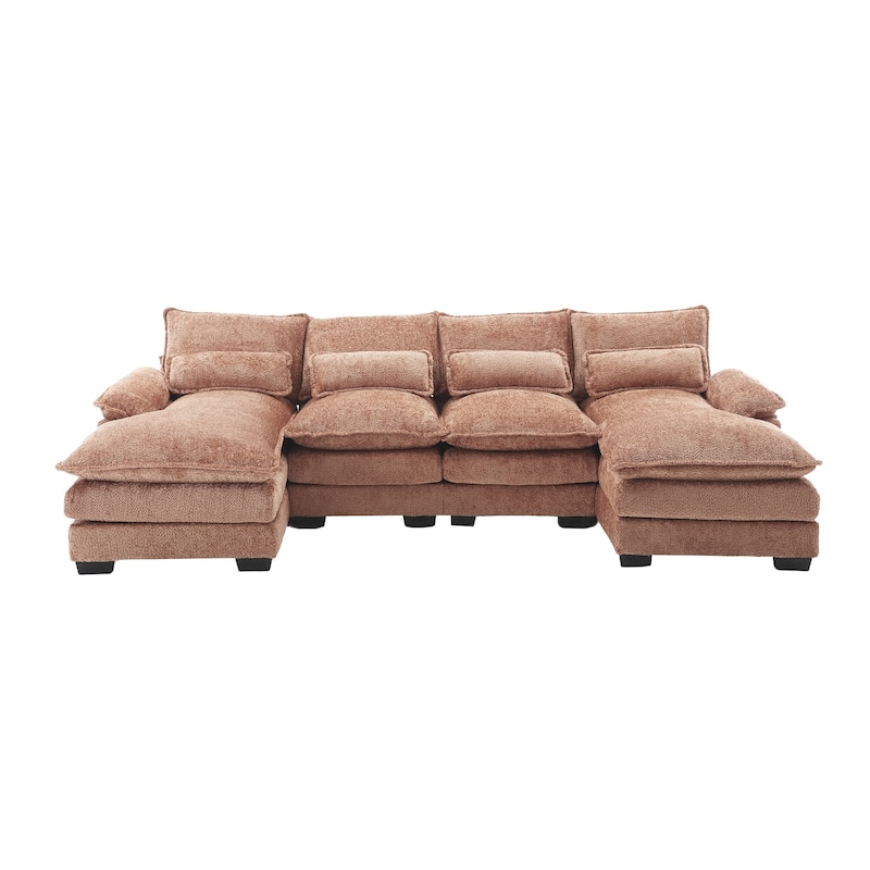 Chenille Upholstered U-Shaped Living Room Sectional Sofa With Wooden Legs