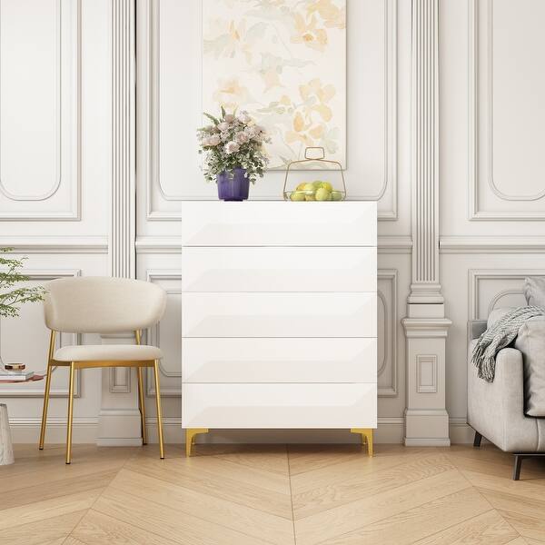 Asymmetrical Drawer Highboy - Chic White Storage Chest with Gold Legs ...