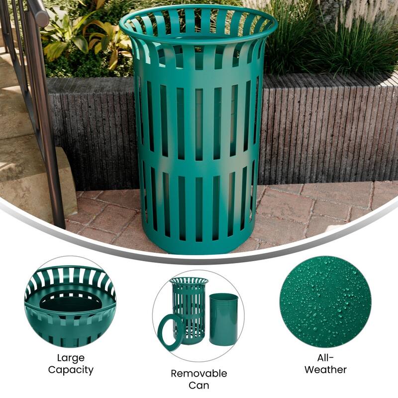 Commercial Outdoor Slatted Steel Trash Can with Inner Bin