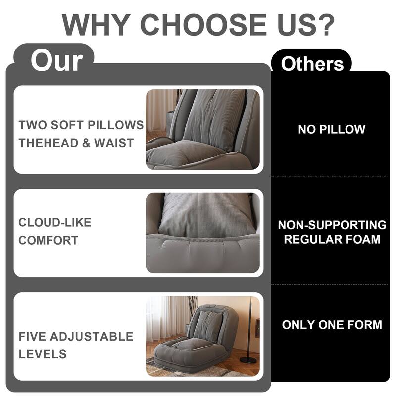 Rossetta Modern Foldable Adjustable Design Corduroy Lazy Bean Bag Chair with 2 Soft Pillows, Pets Friendly