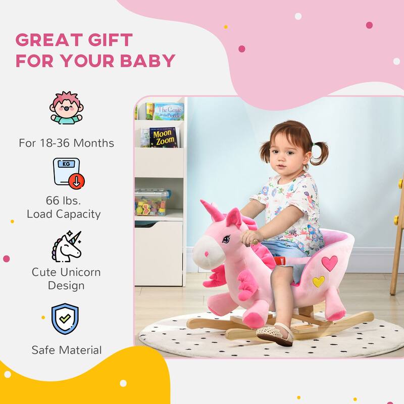Pink Rocking Horse for Toddlers with Curved Wooden Base and Music Buttons and Safety Features - 25.5" L x 13.75" W x 17.75" H