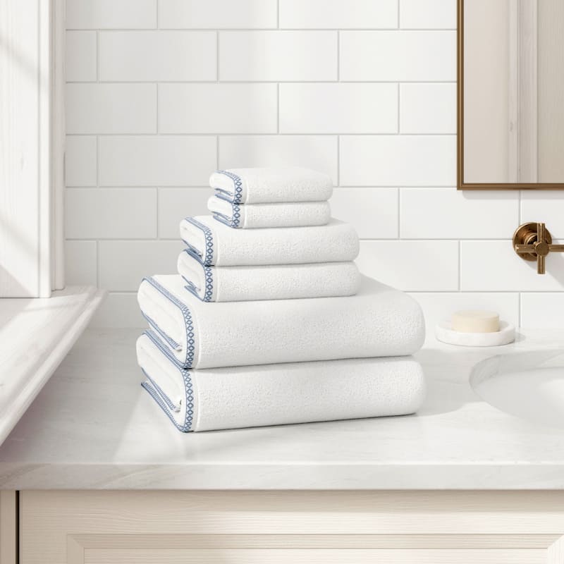 Linery & Co. Quick-Dry Cotton and Decorative Border Towel Set - White / Chambray Blue - 6 Piece Set