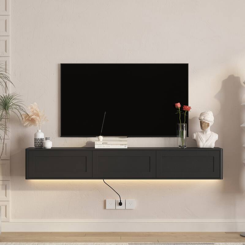 Floating LED TV Stand for Living Room, Wall Mounted TV Console Table with Power Outlet