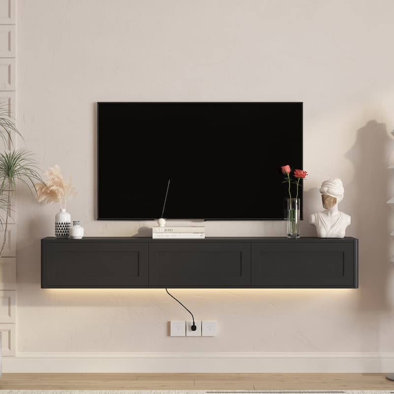 Floating TV Stand, Wall Mounted TV Shelf with Led Lights & Power Outlet,High Gloss TV Cabinet for TV Stands for Living Room - Black