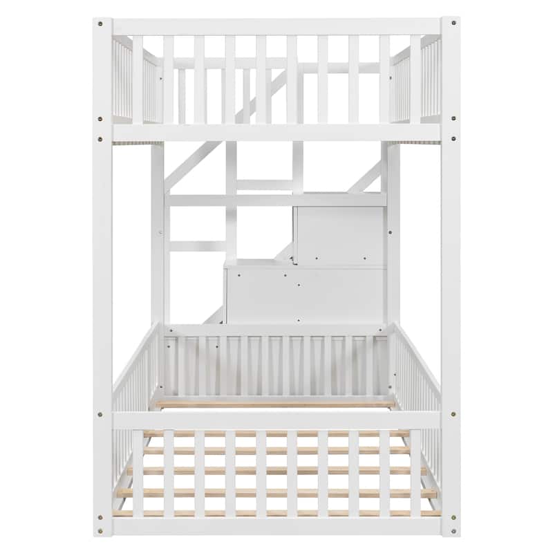 Twin Over Twin Floor Bunk Bed Frame with Storage Stairs and Door