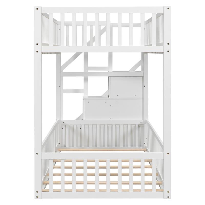Twin Over Twin Wood Bunk Bed with Reversible Storage Stairs by Harper&Bright Designs.