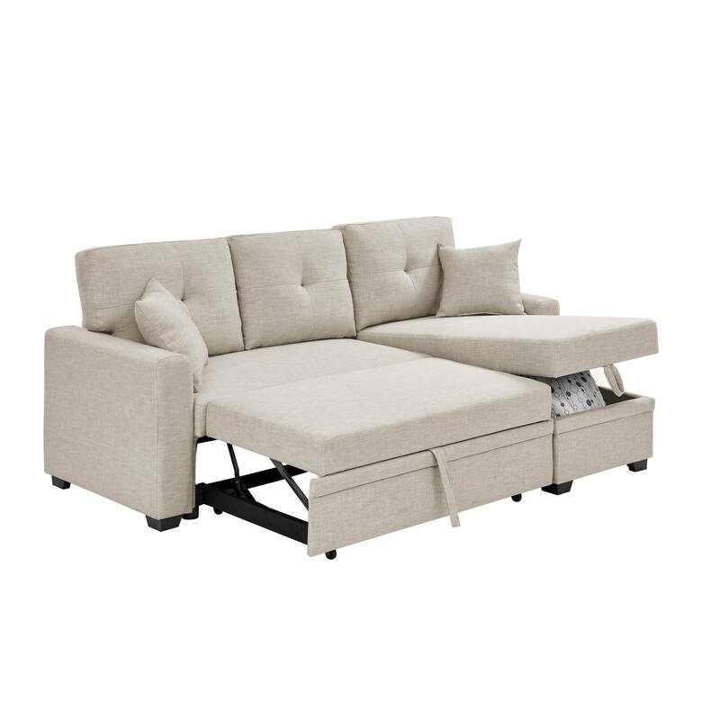 Beige Upholstered Sleeper Sofa Sectional with Chaise and Storage Modern Polyester Convertible