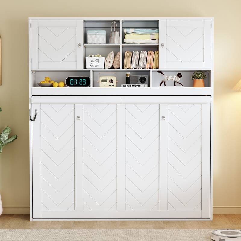 Queen Murphy Bed with Storage - Chevron or Diamond Stripes Wall Bed, Space-Saving Foldable Design