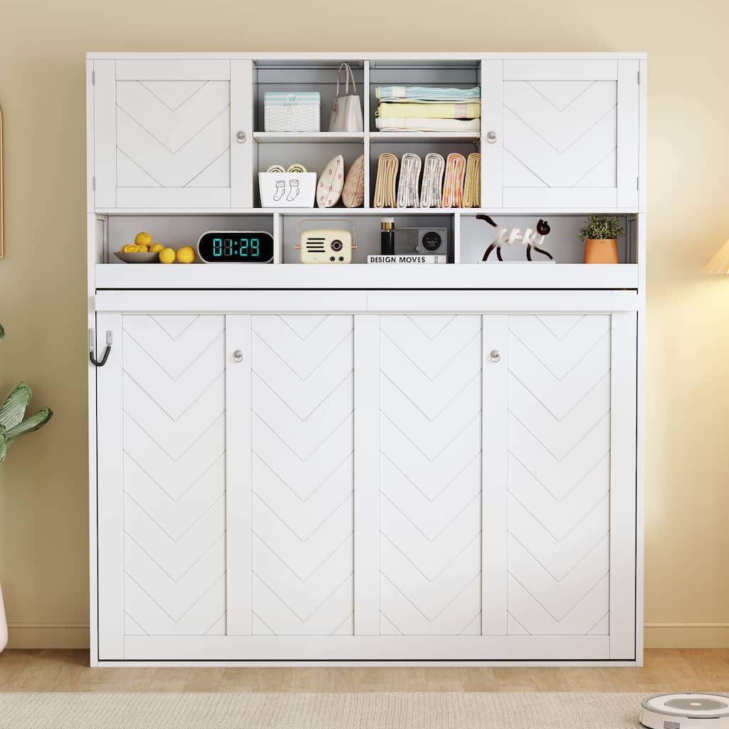 Queen Size Murphy Bed Wall Bed with Top Shelves and Chevron Stripes, Wooden Wall Cabinet Bed Frame, No Box Spring Needed