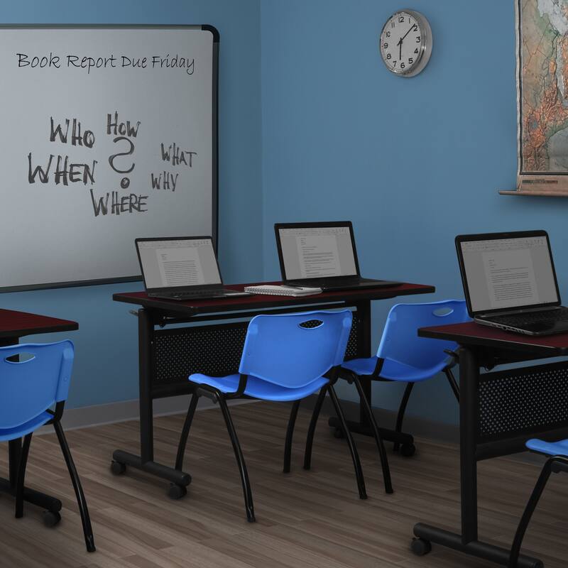 48" x 30" Flip Top Mobile Training Table with Modesty Panel- Mahogany and 2 "M" Stack Chairs- Blue