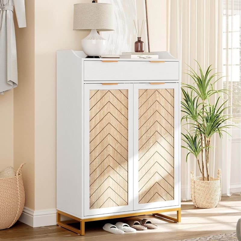 Moasis 5-Shelf Wooden Shoe Storage Cabinet wiith Drawer and Shelves for Entryway Living Room - White/Gold