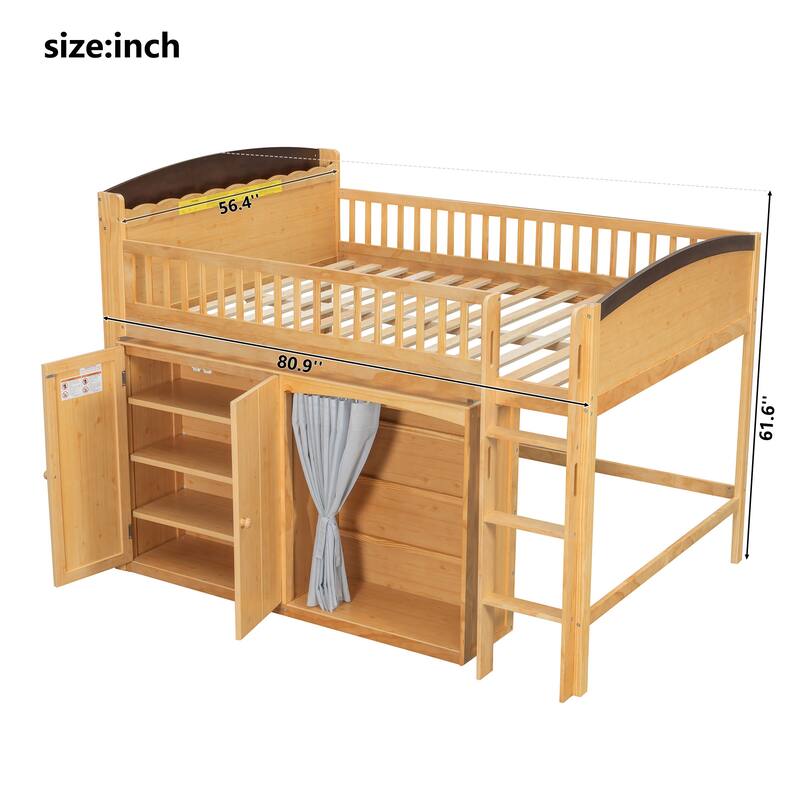 GDFStudio - UrbanGrow Modern Wooden Loft Bed with Storage Cabinet, Wardrobe and LED Light