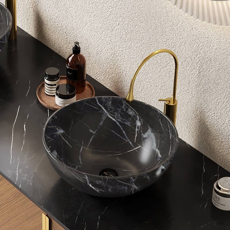 14" Bathroom Bowl Ceramic Sink with Stone Pattern, No Faucet, Matte Black