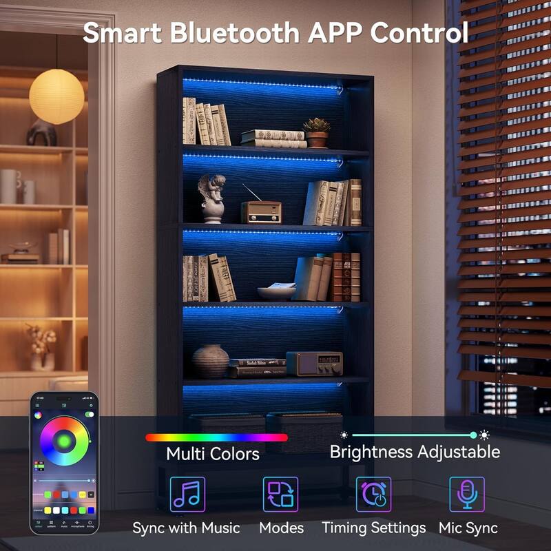 Tall Bookcase Black Bookshelf, 70.8 Inches Large Bookcases Organizer