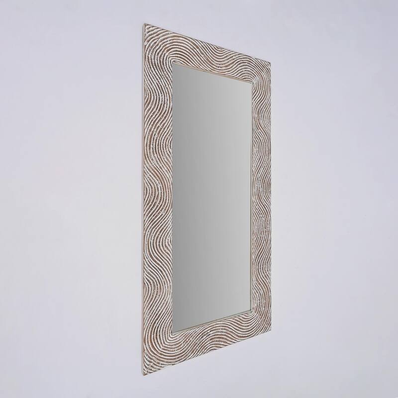 Rustic White Solid Wood Handcarved Rectangle Mirror Accent-36"x72"