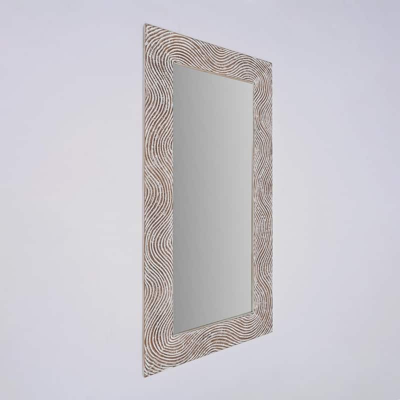 Rustic White Solid Wood Handcarved Wave Design Rectangle Mirror Accent-36" x 72"