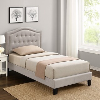 Button Tufted Twin Burlap Bed with Curved Headboard, Light Brown - Bed ...