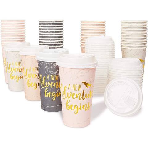 48-Pack Insulated Coffee Cups with Lids Disposable, Gold Foil Print (16 oz each)