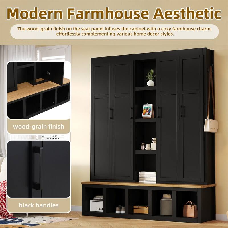 Farmhouse 4-in-1 Hall Tree with Open Display Shelves, Mudroom Shoe Bench with Open Compartments, Entryway Coat Rack with 6 Hooks