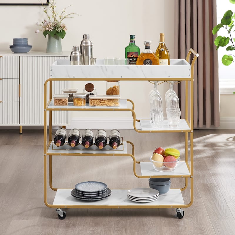 6-Tier Bar Cart with Wine Rack and Glass Holder, Slide Bar Serving Cart for The Home Kitchen Dining Room