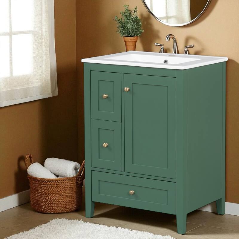 24" Bathroom Vanity with Sink, Adjustable Shelf, Storage Drawers with Removable Dividers, MDF and Rubberwood Base