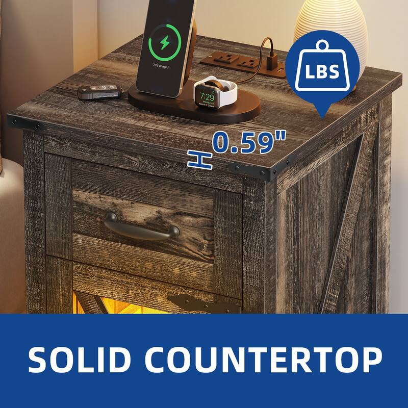 Moasis Farmhouse Side End Table Bedside Sofa Table with LED Lights, 2 Power outlets & 2 USB Ports