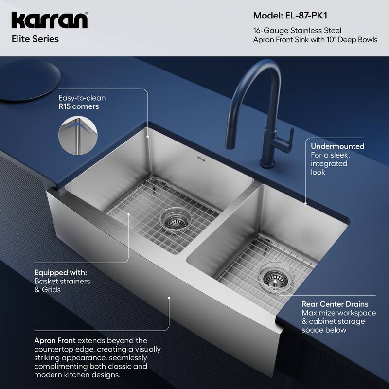 Karran 36" Undermount Double Bowl Stainless Steel Farmhouse Kitchen Sink Kit