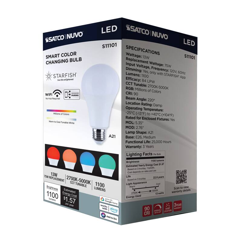 Starfish 13 Watt LED A21 2700K-5000K RGBTW Medium Base 120 Volt - White