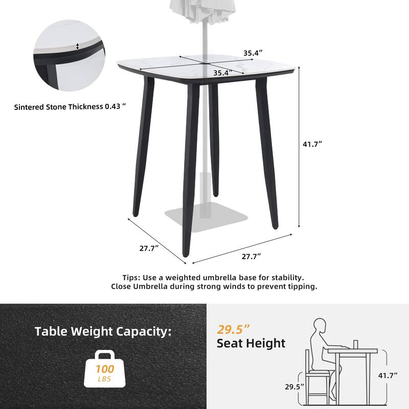 Modern 35.4'' Rounded Square Outdoor Bar Table, Greek White Marble-Inspired Sintered StoneTop, Umbrella Hole, Rust-Free Aluminum